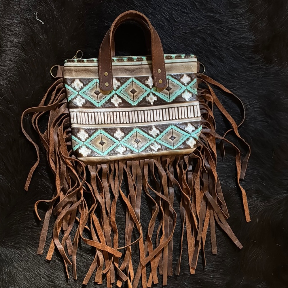 Bohemian Brown and Blue Mini Bag with Fringe